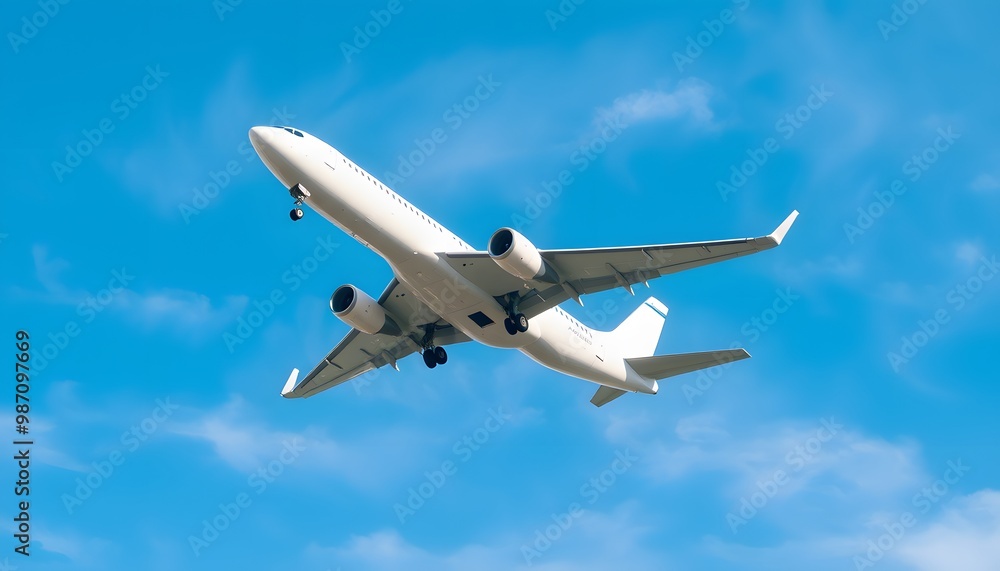 White Airplane Flying Against a Blue Sky with White Clouds White Airplane Flying Against a Blue Sky with White Clouds