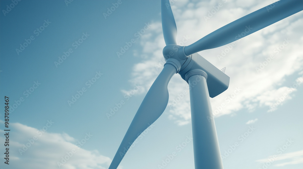 Close-up of a wind turbine with a white-blue sky in the background, highlighting the turbine's blades and structure, symbolizing renewable energy and sustainability. Close-up of a wind turbine with a white-blue sky in the background, highlighting the turbine's blades and structure, symbolizing renewable energy and sustainability.