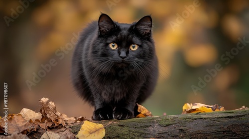  A black cat atop a tree branch against a hazy backdrop of leaves and a downed tree photo