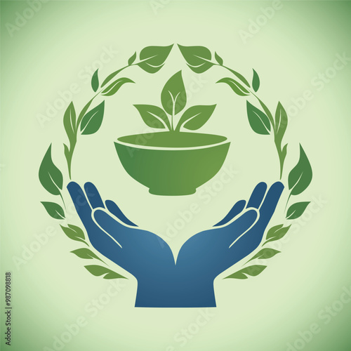 logo design for international food day with hand ornaments and bowls filled with plants that reflect world food life
