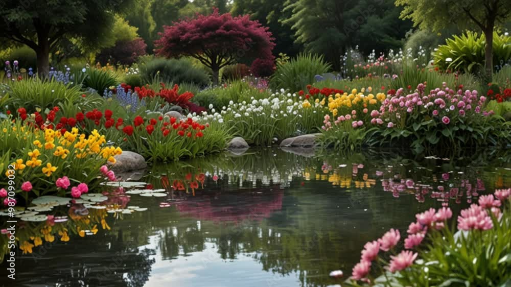 a beautiful garden with various kinds of colorful flowers and a pond in the middle and butterflies flying around a beautiful garden with various kinds of colorful flowers and a pond in the middle and butterflies flying around