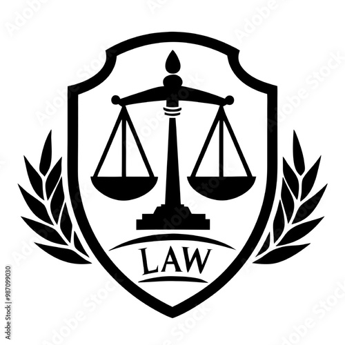 Law Shield Emblem: A black and white illustration of a shield with a scale of justice, laurel wreaths, and the word "LAW" inscribed beneath, symbolizing legal protection, fairness, and justice.