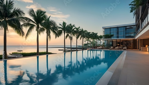 Chic hotel oasis featuring a shimmering pool and tranquil palm trees