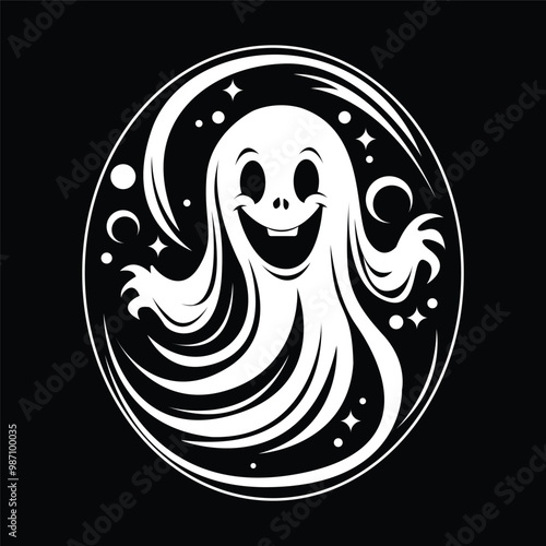 simple black and white monochrome cute ghost logo for Halloween sticker purposes