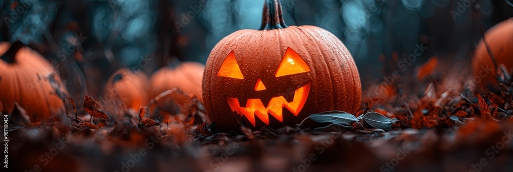 A jack-o-lantern pumpkin in a field of grass Other pumpkins populate the foreground A jack-o-lantern pumpkin in a field of grass Other pumpkins populate the foreground