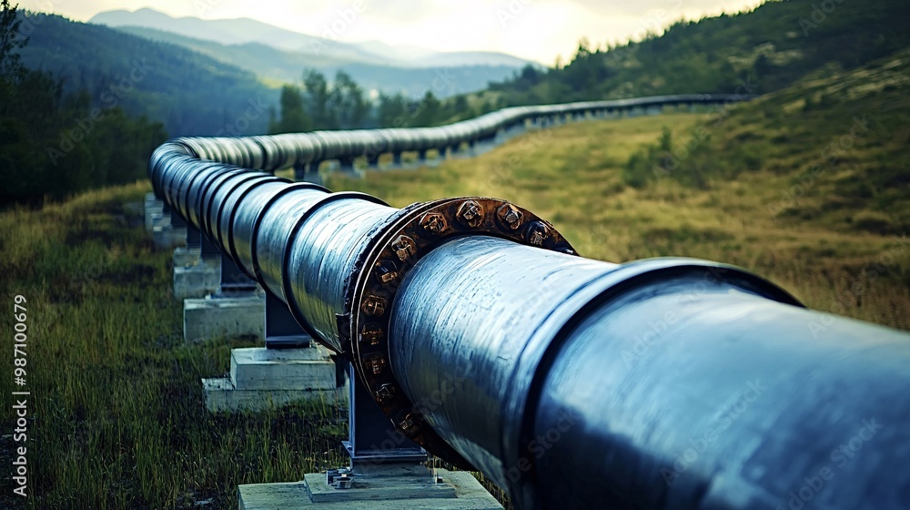 Large pipeline is carrying oil or gas over a mountain landscape. The pipeline represents energy, industry, and infrastructure Large pipeline is carrying oil or gas over a mountain landscape. The pipeline represents energy, industry, and infrastructure