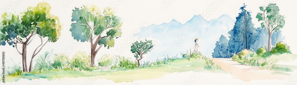 Fototapeta premium A serene watercolor landscape featuring lush trees and a peaceful path, evoking tranquility and natural beauty.