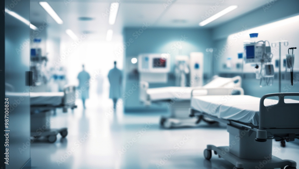 Softly focused interior of a modern hospital, with abstracted medical equipment and machinery blurred in the background, generative ai Softly focused interior of a modern hospital, with abstracted medical equipment and machinery blurred in the background, generative ai
