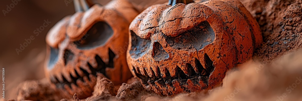 Two pumpkins, carved into jack-o-lanterns with toothy grins Two pumpkins, carved into jack-o-lanterns with toothy grins