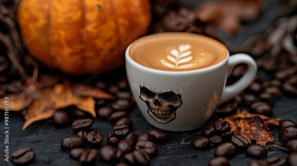 A cup of coffee sits atop a table, near a mound of coffee beans and an orange pumpkin A cup of coffee sits atop a table, near a mound of coffee beans and an orange pumpkin