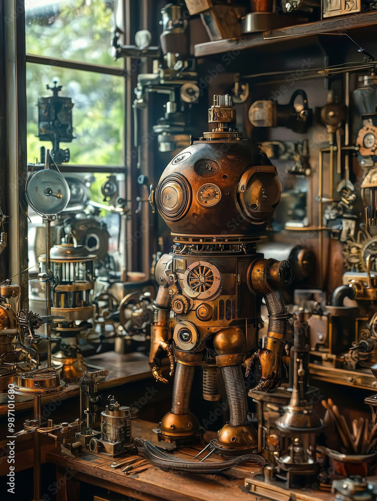 A robot is standing in a room with many clocks and other mechanical objects A robot is standing in a room with many clocks and other mechanical objects