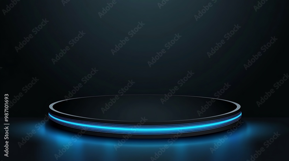 A circular platform with a blue neon light illuminating the surface, creating a futuristic and modern backdrop. A circular platform with a blue neon light illuminating the surface, creating a futuristic and modern backdrop.