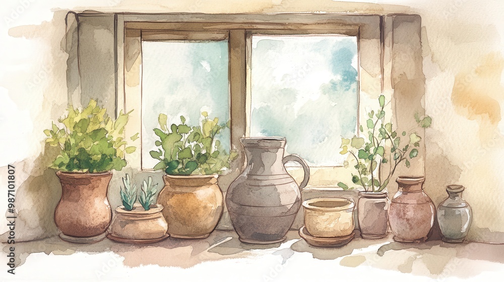 A serene window view featuring various pots and plants, showcasing the beauty of nature in a cozy artistic setting. A serene window view featuring various pots and plants, showcasing the beauty of nature in a cozy artistic setting.