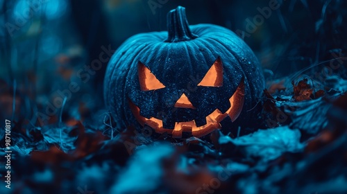  A jack-o-lantern pumpkin sits in the heart of a leafy field, its glowing face aglow