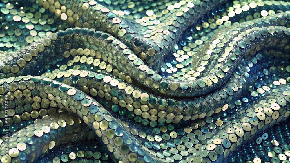 Teal and Silver Sequin Fabric Swirling in Oceanic Pattern Teal and Silver Sequin Fabric Swirling in Oceanic Pattern