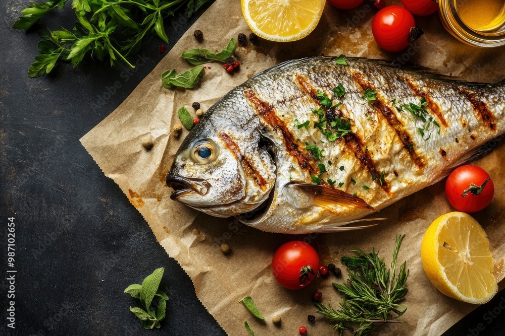 Grilled fish - dorado with herbs on the desk , ai Grilled fish - dorado with herbs on the desk , ai