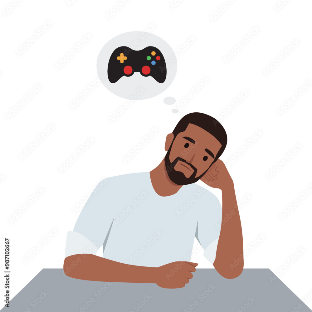 Obraz premium Sad man thinking about video games. Flat vector illustration isolated on white background