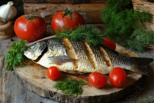 Grilled fish - dorado with herbs on the desk , ai photo