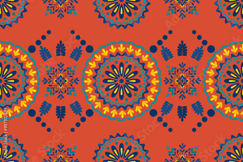 Vector illustration of an ethnic geometric pattern. Bohemian seamless pattern. Embroidery. Seamless traditional design pattern for fabrics, backgrounds, carpets, wallpapers, clothes, and pillowcases.