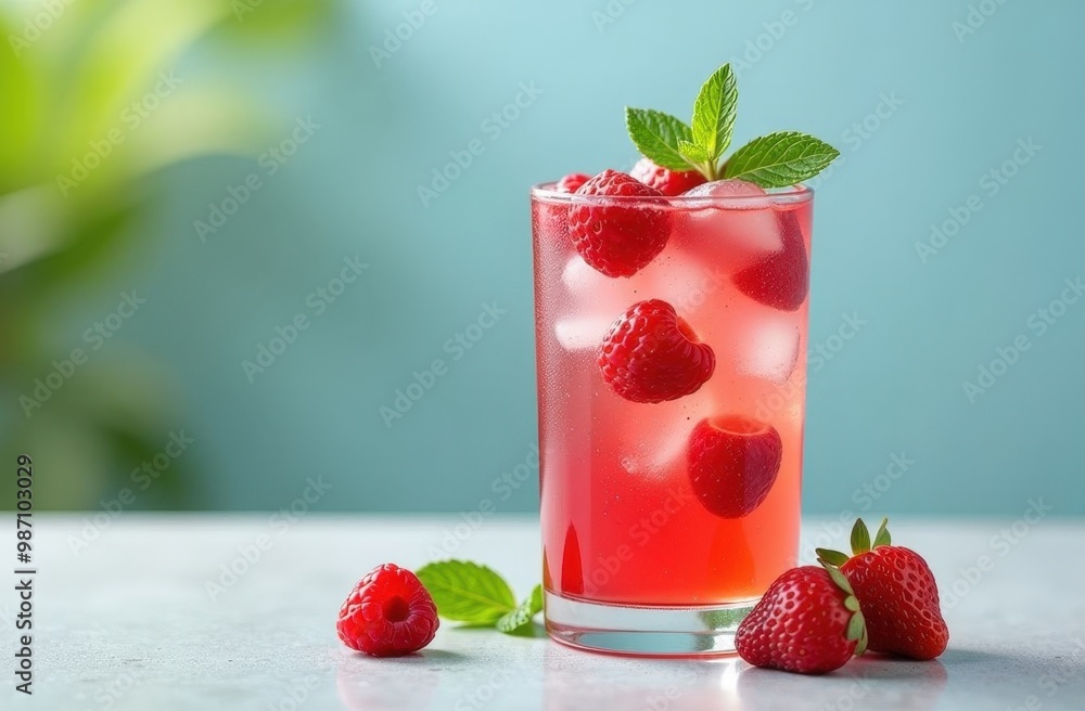 Fresh cold strawberry raspberry soda drink with mint leaves in a glass with ice on a blue background. Fresh cold strawberry raspberry soda drink with mint leaves in a glass with ice on a blue background.