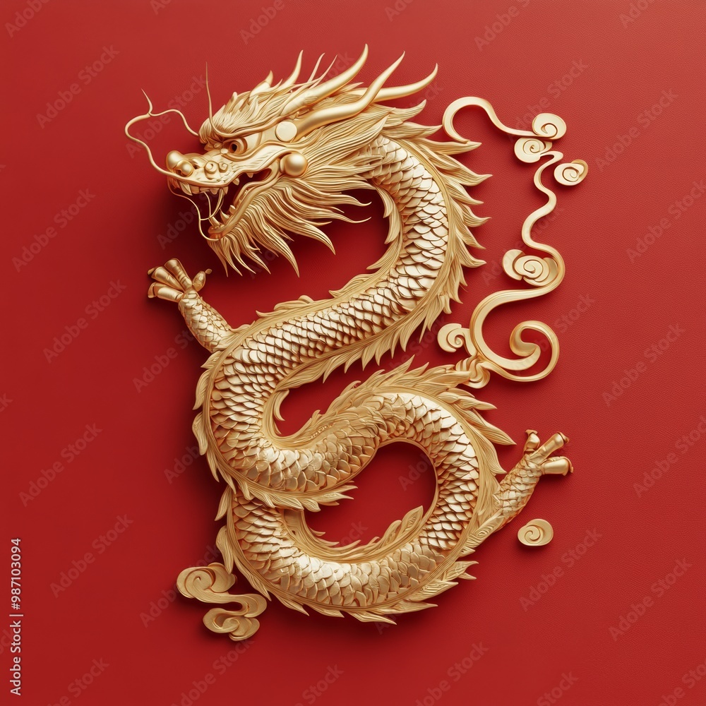 Fototapeta premium A minimalistic 3D golden dragon ornament with intricate designs, displayed on a rich red background, celebrating the Lunar New Year