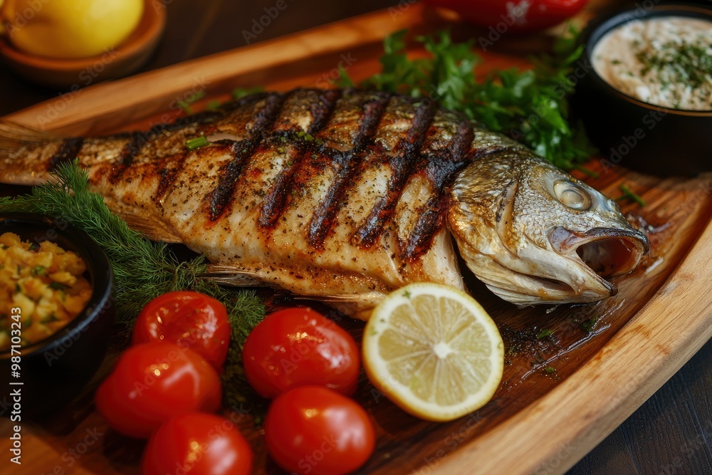 Grilled fish - dorado with herbs on the desk , ai Grilled fish - dorado with herbs on the desk , ai