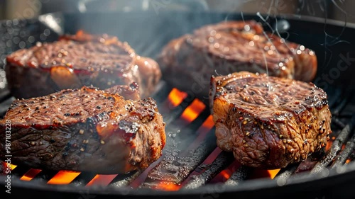 Sizzling steaks being grilled over charcoal in a backyard barbecue on a sunny afternoon