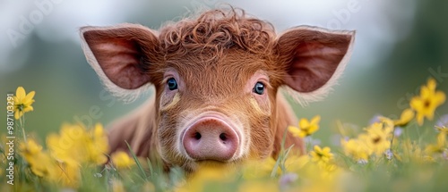  A tight shot of a baby cow amongst a field of yellow flowers The backdrop softly blurs, consisting of grasses and blooms