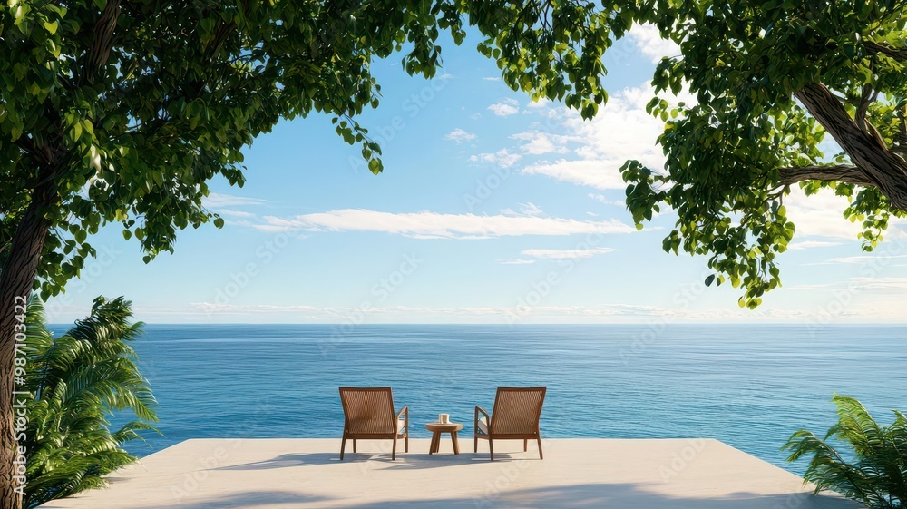 A serene ocean view with two chairs beside a small table under lush trees, perfect for relaxation and contemplation. A serene ocean view with two chairs beside a small table under lush trees, perfect for relaxation and contemplation.