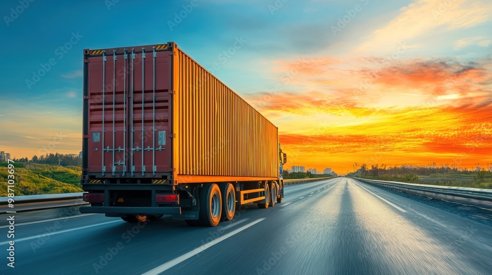 Truck Driving on Highway at Sunset Truck Driving on Highway at Sunset