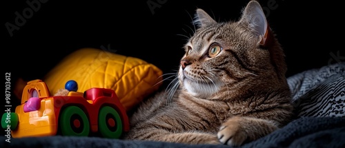  A cat atop a blanket, near a toy train and a yellow toy upon a black one photo