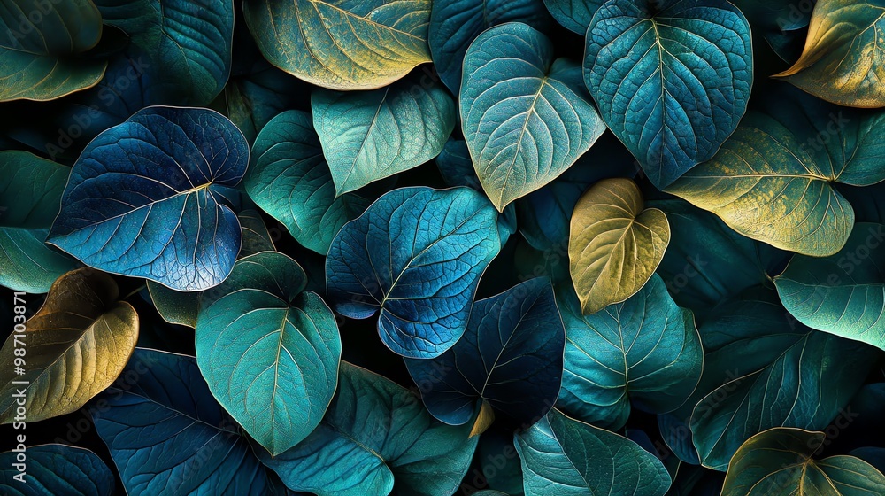 A vibrant and textured background of overlapping leaves in shades of green, blue, and orange. A vibrant and textured background of overlapping leaves in shades of green, blue, and orange.