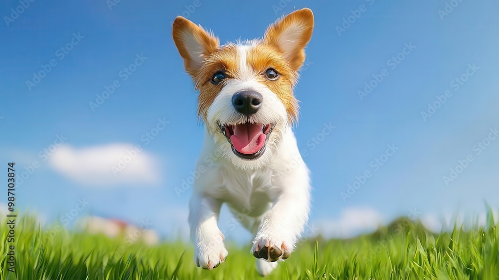 A joyful dog running in a grassy field under a bright blue sky, showcasing energy and happiness. A joyful dog running in a grassy field under a bright blue sky, showcasing energy and happiness.