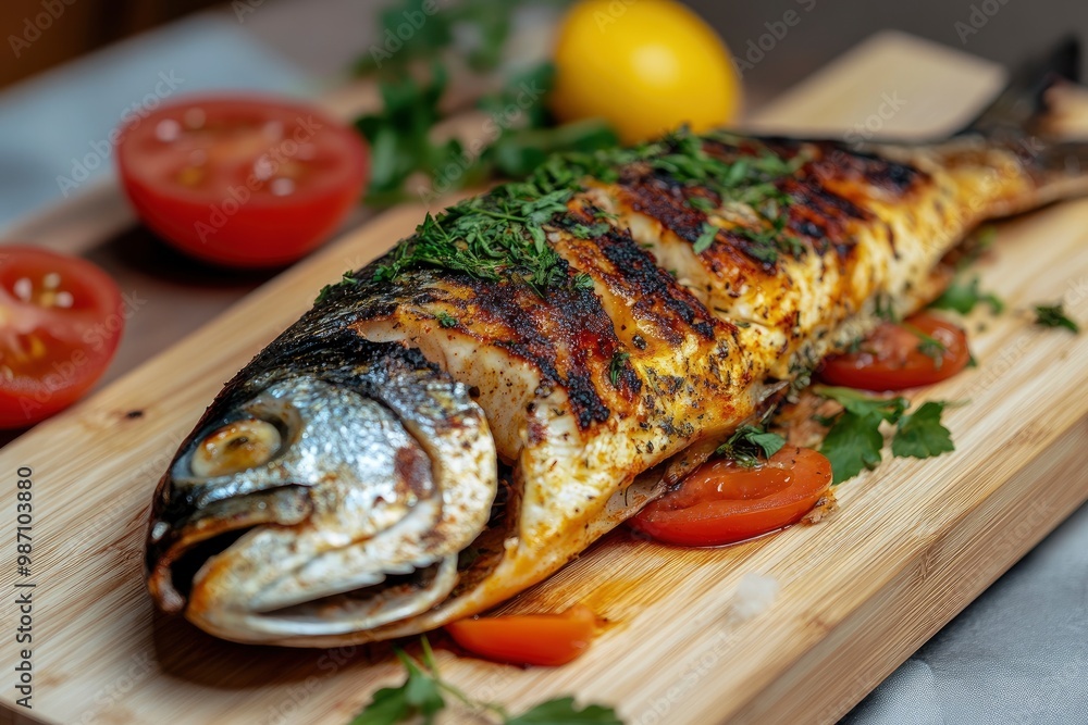 Grilled fish - dorado with herbs on the desk , ai Grilled fish - dorado with herbs on the desk , ai