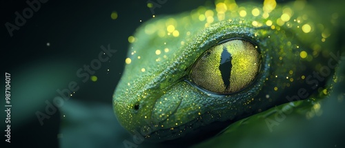  A tight shot of a green frog's bulbous eye, adorned with dewdrops on its wetted skin Nearby, a pristine green leaf photo