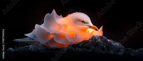  A tight shot of a bird perched on a rock, holding a light beak against the backdrop of an unyielding blackness photo