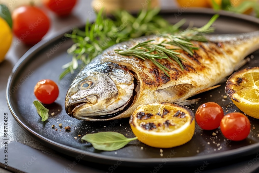 Grilled fish - dorado with herbs on the desk , ai Grilled fish - dorado with herbs on the desk , ai