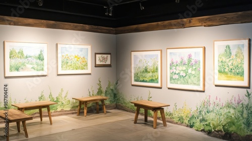 Wallpaper Mural A tranquil art gallery showcasing beautiful watercolor paintings surrounded by nature-inspired decor and minimalist furniture. Torontodigital.ca