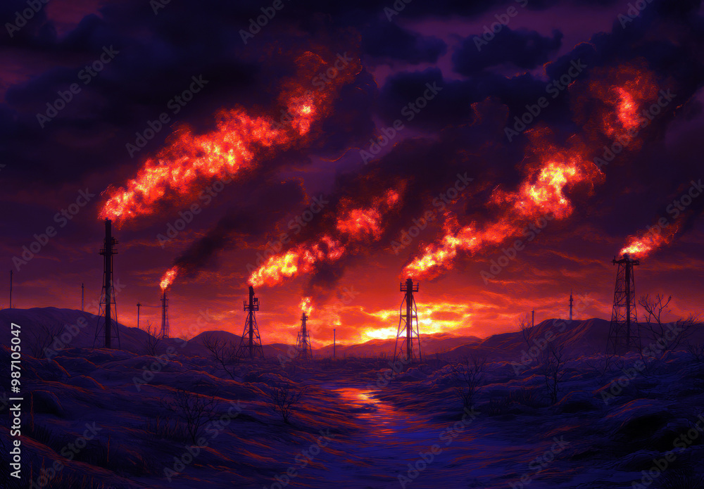 A surreal landscape dominated by oil rigs and flares, illuminated by a vivid sunset. This artwork captures the juxtaposition of industrial power and nature's tranquility. A surreal landscape dominated by oil rigs and flares, illuminated by a vivid sunset. This artwork captures the juxtaposition of industrial power and nature's tranquility.