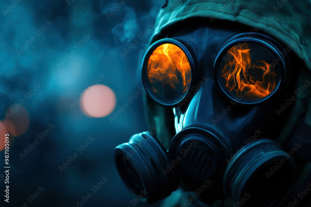An intriguing image showcasing a gas mask illuminated by fiery reflections, evoking themes of protection, danger, and resilience within a mystical, smoky atmosphere. An intriguing image showcasing a gas mask illuminated by fiery reflections, evoking themes of protection, danger, and resilience within a mystical, smoky atmosphere.