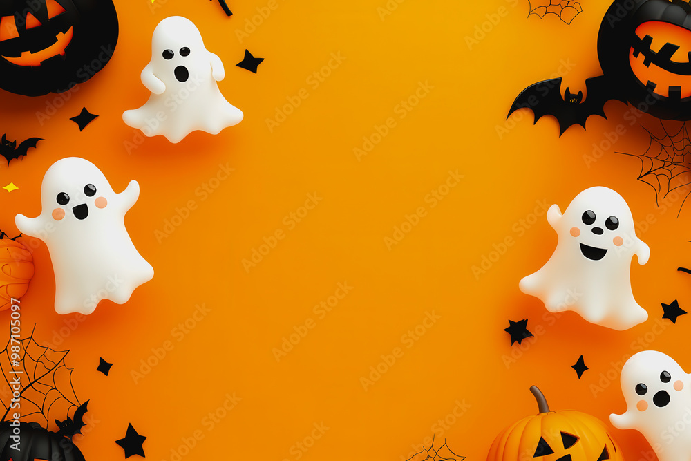 Fototapeta premium Cute ghosts, pumpkins, and bats on vibrant orange background with Halloween elements
