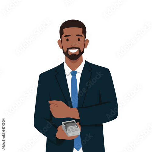 Man holding payment terminal edc electronic card payment. Flat vector illustration isolated on white background