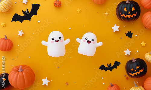 Cute ghosts, pumpkins, and bats on vibrant orange background with Halloween elements