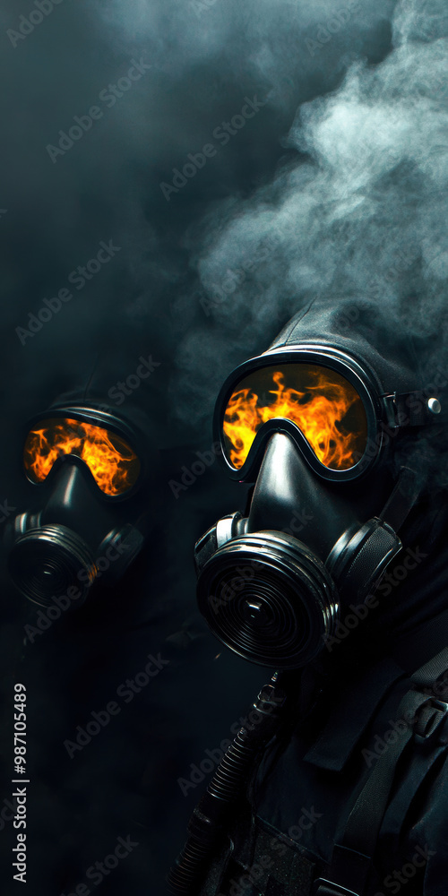 Two figures in gas masks stand against a backdrop of smoke, their goggles reflecting an intense flame, symbolizing resilience and confrontation in a hazardous environment. Two figures in gas masks stand against a backdrop of smoke, their goggles reflecting an intense flame, symbolizing resilience and confrontation in a hazardous environment.