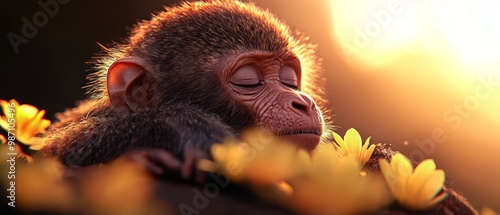  A tight shot of a monkey holding flowers near, sun beyond photo