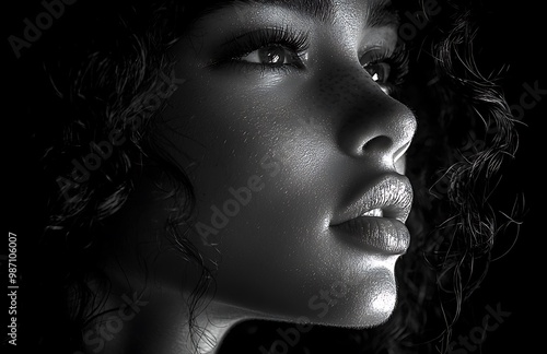 A close-up profile of a woman with curly hair, captured in monochrome.