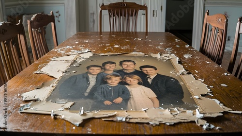 Torn and distressed family portrait resting on an empty dining table symbolizing the emotional turmoil and fractured relationships within a home