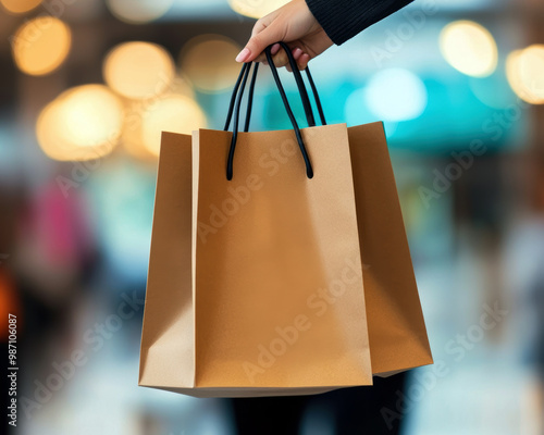 A hand holding stylish brown shopping bags, captured against a softly blurred background filled with warm, glowing lights, conveying the excitement and satisfaction of shopping. photo