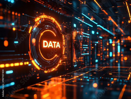 A display of data analytics, surrounded by interconnected graphical elements. photo