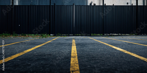 Wallpaper Mural An empty urban parking lot features distinct yellow lines and a stark black fence in the background, evoking a sense of desolation and industrial ambiance. Torontodigital.ca